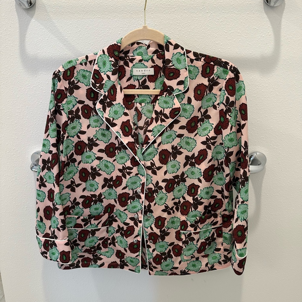 Sandro Floral Top with Green and Red Flowers